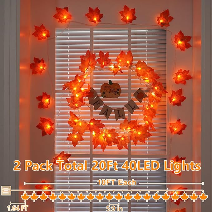 YEGUO 2 Packs Thanksgiving Decorations for Home, Fall Lights Battery Operated, Total 20ft 40 LED Lighted Fall Garland Maple Leaves for Holiday Autumn Harvest Fall Thanksgiving Halloween Decor