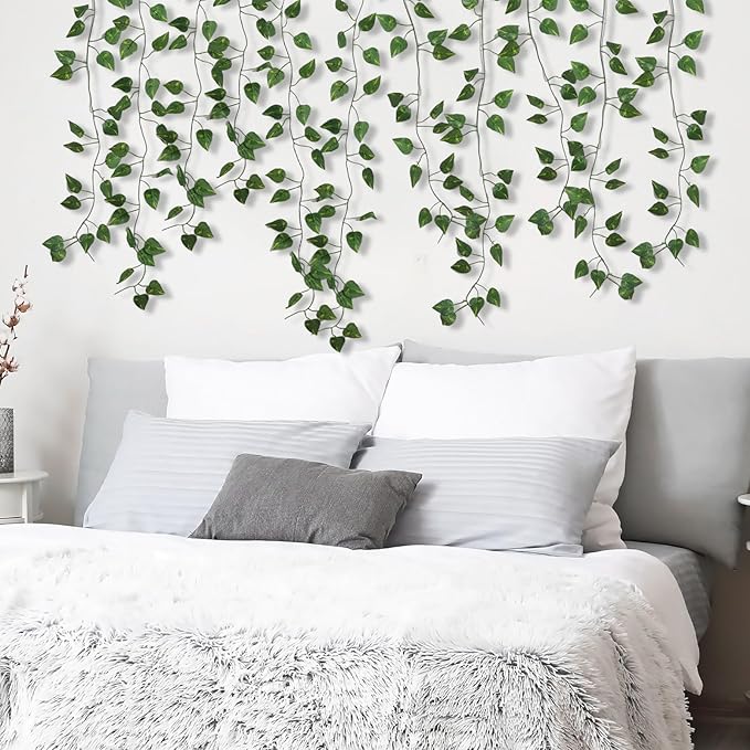 CEWOR 48 Pack 7 Feet Artificial Ivy Garlands, Fake Vines Greenery Hanging Plants Green Leaves Backdrop for Room Bedroom Wall Decor, Jungle Themed Party Wedding Decorations