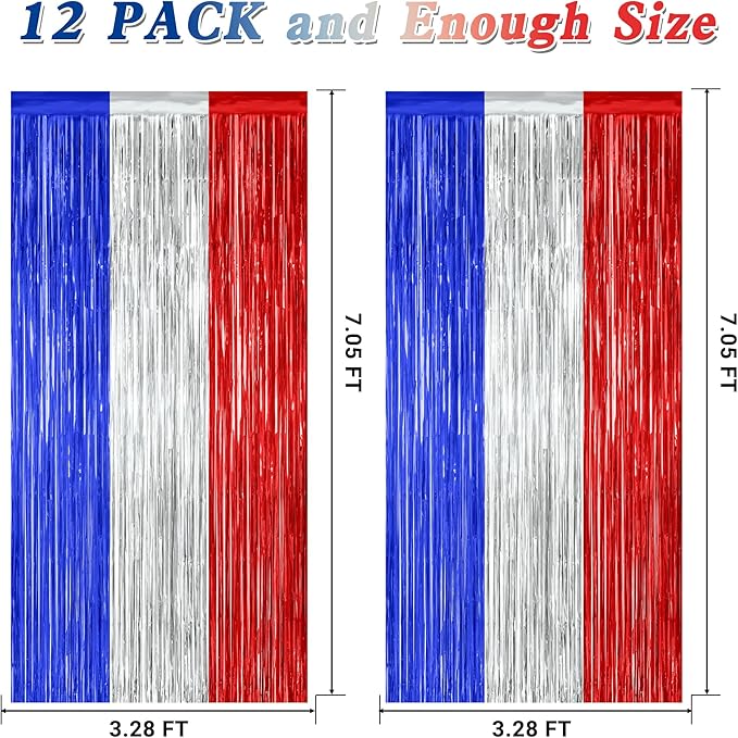 12 Pack 4th of July Decorations, 3.28 FT x 7.05 FT Patriotic Tinsel Backdrop, Metallic Blue Silver Red Fringe Curtains Party Streamer Foil Backdrop, Independence Day Party Supplies Patriotic Decor