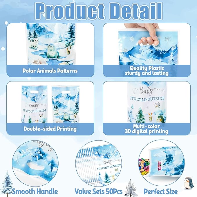 Winter Animals Party Favor Bags - 50Pcs Watercolor Polar Animals Goody Candy Treat Gifts Bags, Penguin Polar Bear Themed Party Decorations for Kids Birthday Baby Shower Winter Theme Events Supplies