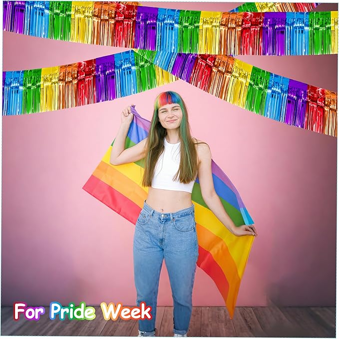 4 Pack 10 Feet Colorful Foil Fringe Garland Rainbow Tinsel Streamers Banner Fringe Curtain Banner for Parade Floats Graduation Homecoming Carnival Birthday Pride Party Decor (Rainbow)