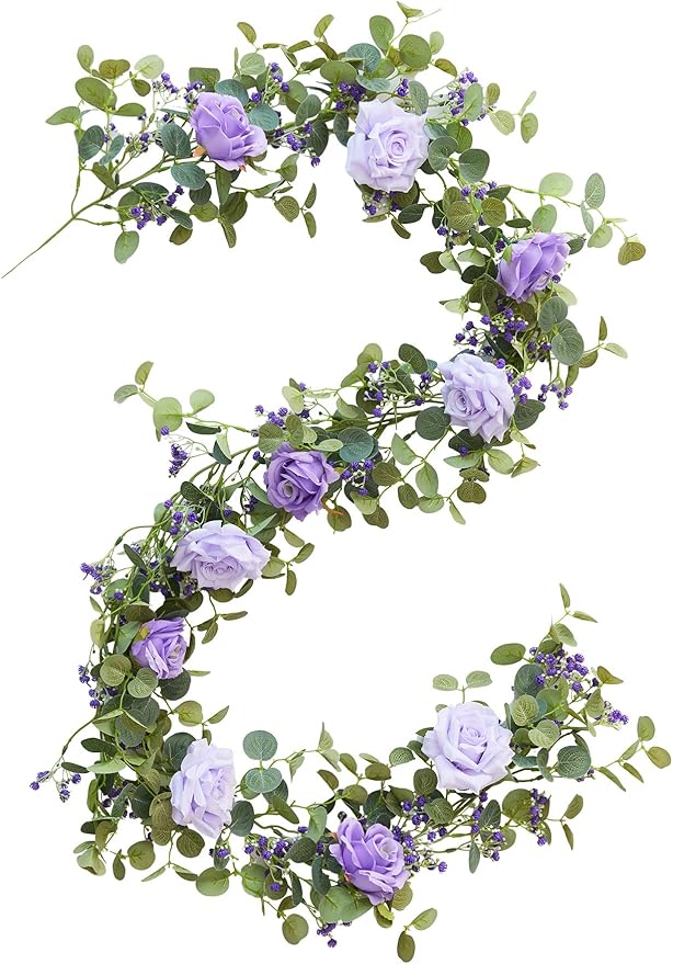 Anna's Whimsy 5.91FT Artificial Eucalyptus Garland with Flowers, Fake Rose Gypsophila Garland, Faux Floral Greenery for Wedding Spring Home Party Craft Art Table Runner Decor