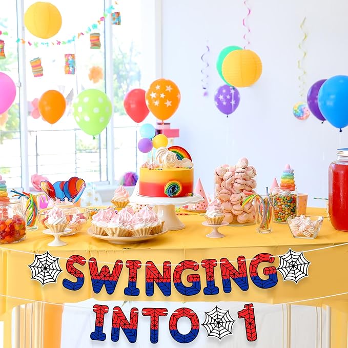 TaoBary Spider Theme 1st Birthday Banner, Pre-strung Swinging into 1 Banner, Spider 1st Birthday Decorations Party Supplies for Kids, First Decor for 1 Year Old Boys Girls(Red and Blue)