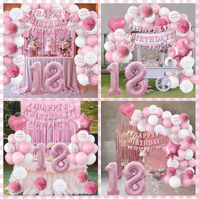 18th Birthday Decorations for Girls Pink Number 18 Balloon Bow Coquette Happy Birthday Banner Fringe Curtain Paper Pom Poms Star Heart Foil Pink White Balloons 18 Year Old Party Decor for Her