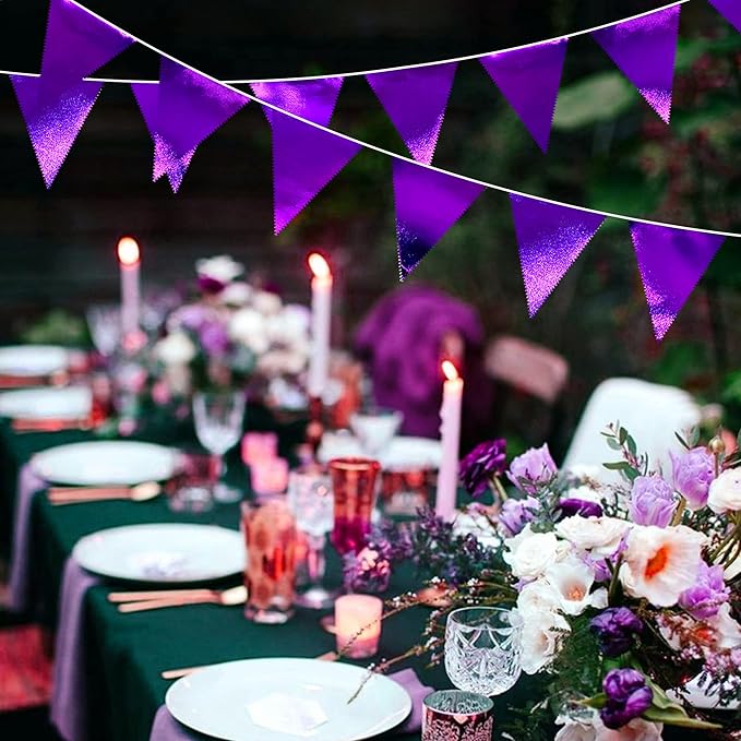 Purple Party Decorations Triangle Pennant Banner Flag Dark Purple Metallic Fabric Bunting Garland for Graduation Wedding Bridal Shower Birthday Anniversary Holiday Halloween Disco Party Supplies