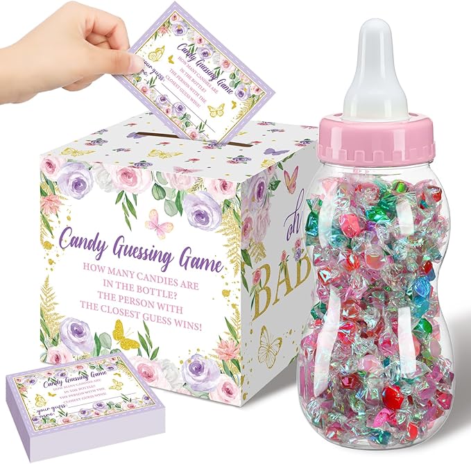 Glenmal 52 Pcs Baby Shower Games Gift Sets Large Baby Bottle for Shower Game Guess How Many Candies Decorations for Gender Reveal(Butterfly)