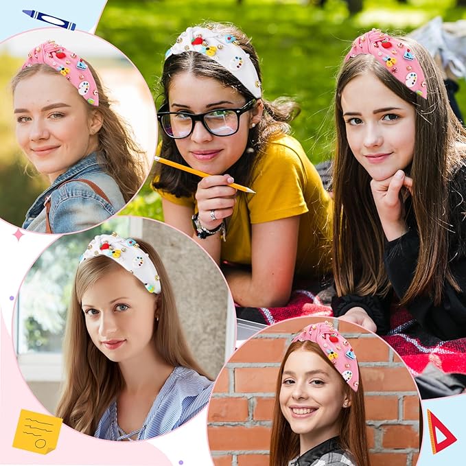Teacher Headbands for Women, Teacher Appreciation Gifts, Pearl Rhinestone Back to School Headband for Girls, Jeweled Top Knot Embellished Hairband,Teachers Hair Accessories Outfits (Pink)
