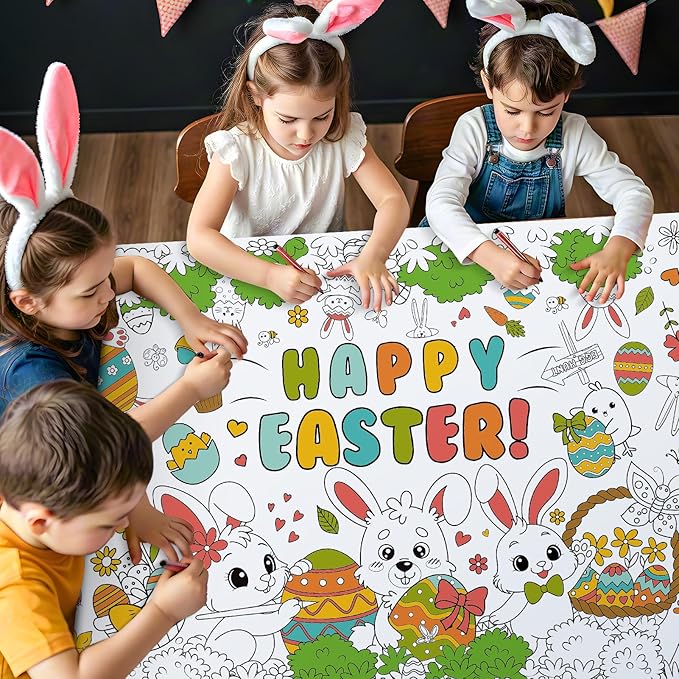 3 Pcs Giant Easter Coloring Poster, Large Happy Bunny Coloring Tablecloth, Jumbo Cute Spring Paper Coloring Table Cloth Banner for Easter Activities Games Party Supplies Favors Props, 31 x 72 Inch