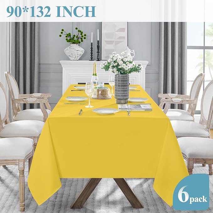 VidaFete Tablecloth 6 Pack 90 * 132inch Rectangle Table Cloth Polyester, Stain Wrinkle Resistant Polyester Dining Table Cover for Kitchen Dinning Party Wedding Rectangular Buffet Decoration(Yellow)
