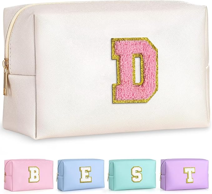 TOPEAST Preppy Small Makeup Bag, Chenille Letter Pouch Cosmetic Bag With Zipper, PU Leather Waterproof Toiletry Bag, Personalized Birthday Gift for Women, Cute Stuff for Girls (Pearly White D)