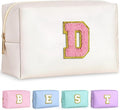TOPEAST Preppy Small Makeup Bag, Chenille Letter Pouch Cosmetic Bag With Zipper, PU Leather Waterproof Toiletry Bag, Personalized Birthday Gift for Women, Cute Stuff for Girls (Pearly White D)