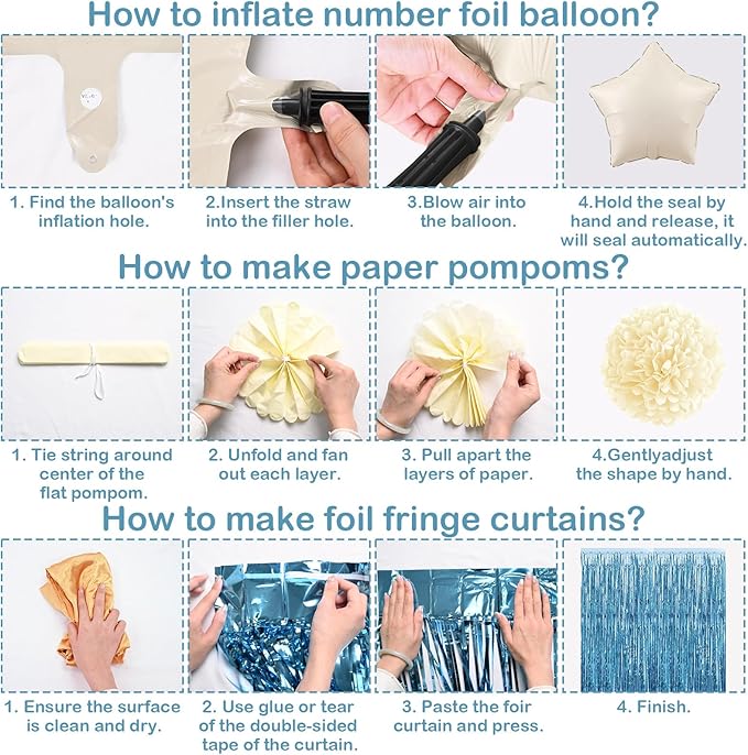 Dusty Blue 10th Birthday Party Decorations Boys Girls Beige Cream Number 10 Balloon with Blue Gold Happy Birthday Banner Fringe Curtain Paper Pom Poms Nude White Sand Champagne Star Foil Balloons