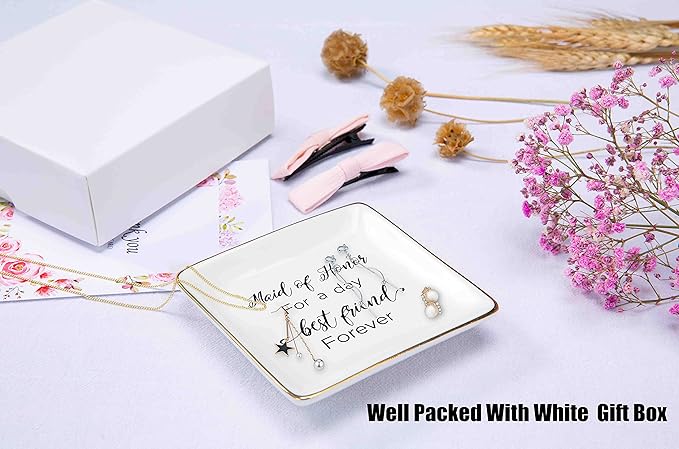 Maid of Honor for a Day Best Friend Forever -Bridesmaid Gift - Ceramic Jewelry Holder Ring Dish Trinket Tray - Bachelorette Party Gift for Maid of Honor - Wedding Gift for Her Besties Friends Women