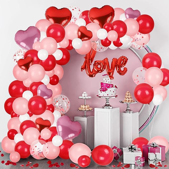 DR.DUDU 263 Pcs Valentines Day Balloon Arch Kit Decorations, Pink/White/Red Balloons Garland Decor with LOVE Heart Balloon Rose Petals for Mother's Day Party Birthday Wedding Proposal Anniversary