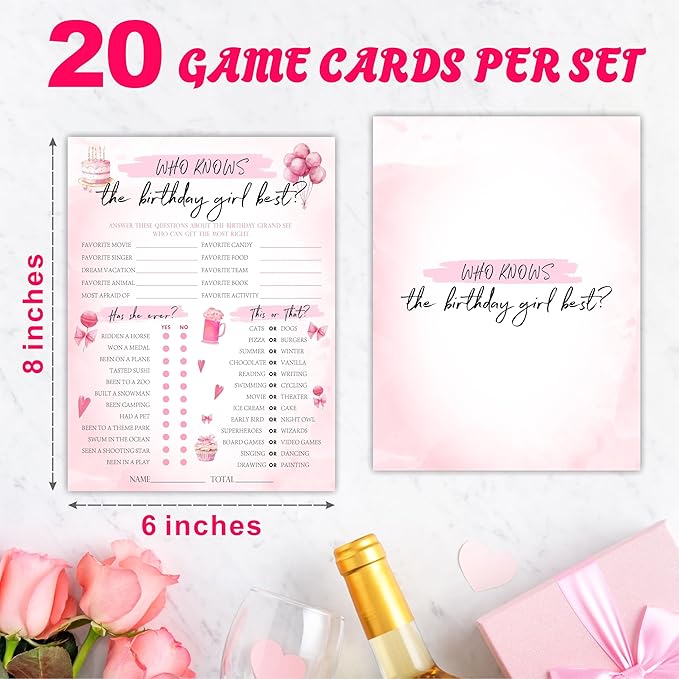 6"X8" Who Knows The Birthday Girl Best - Watercolor Birthday Elements - Funny Double-Sided 3-in-1 Game Card Set For Girls Birthday Party, Sleepover Party Activities, Favor & Supplies (20Pcs)- A09