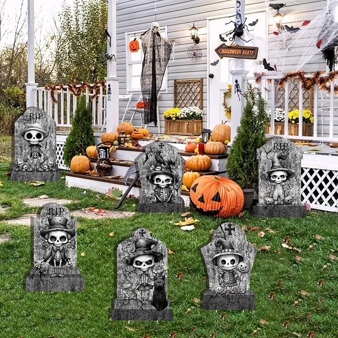 6pcs Halloween Tombstones Outdoor Yard Signs: Grave Skeletons, Black Cat, Crow, 11”x16.53 Halloween Home Party Decorations, Waterproof Safety Boards