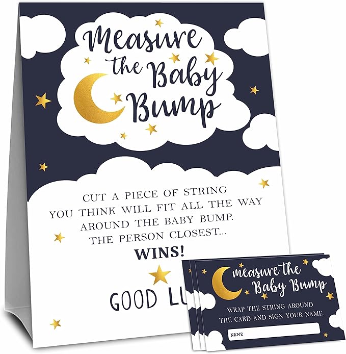 Baby Shower Measure The Baby Bump Game Set - Twinkle Twinkle Little Star - 1 Self-Standing Sign And 50 Tickets - Gender Reveal, Baby Shower, Baby Announcement Activity & Party Favor Supplies - A01