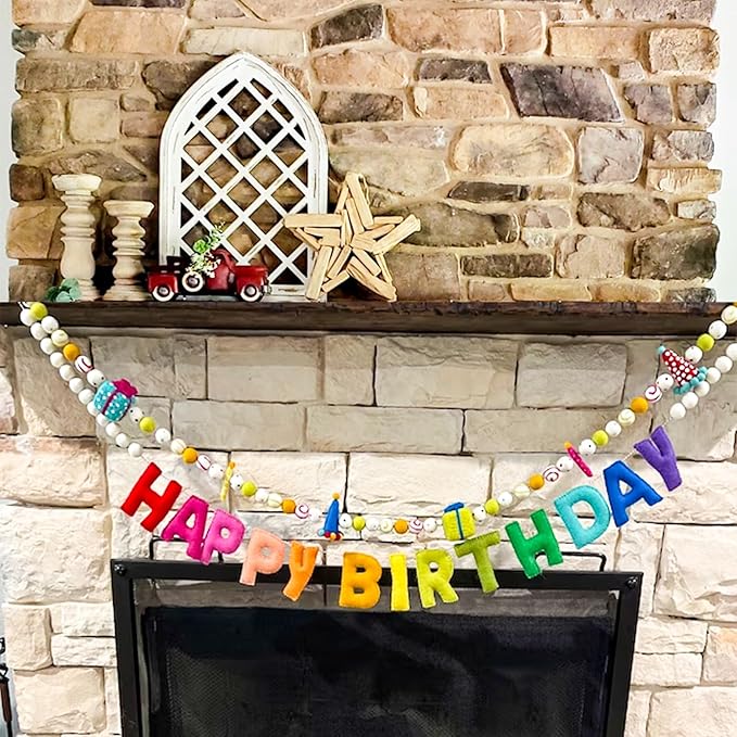 Pre-Strung Personalized Felt Ball Garland, Reusable Happy Birthday Banner, Rainbow Felt Garland, Colorful Birthday Decorations, Cute Party Hats for Birthday Holiday Party Home Wall Mantel Decor