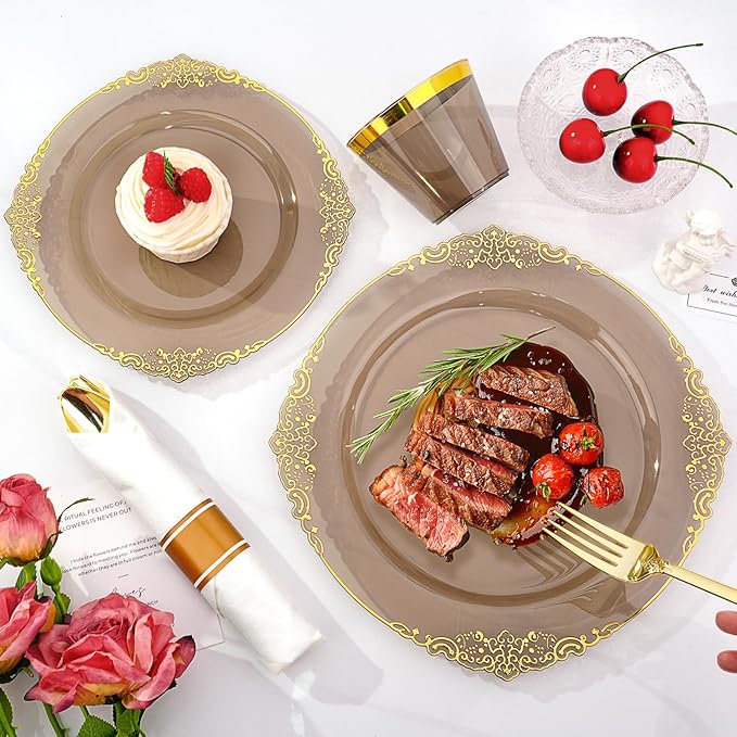 350 PCS Black and Gold Plastic Plates, Disposable Dinnerware Set for 50 Guests, 100 Disposable Plates, 150 Silverwares, 50 Cups, 50 Napkins for Wedding, Party, Graduation