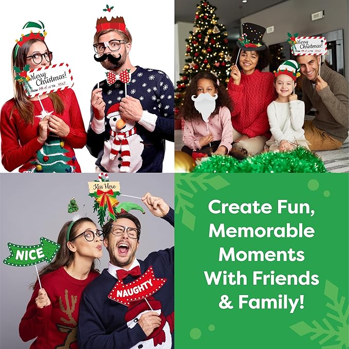 Christmas Photo Booth Props 38pc Set - Christmas Party Decorations, Party Favors, Games & Supplies for Kids Adults - Christmas Photo Props Backdrop Table Decorations Accessories