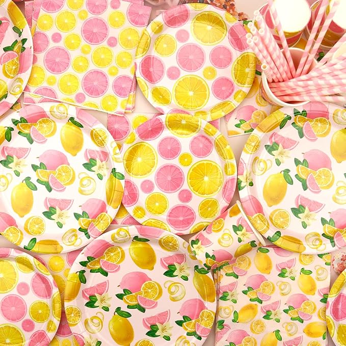Pink Lemon Party Decoration - Lemon Birthday Party Tableware Supplies Includes Plates, Cups, Napkins, Tablecloth, Straws (40)
