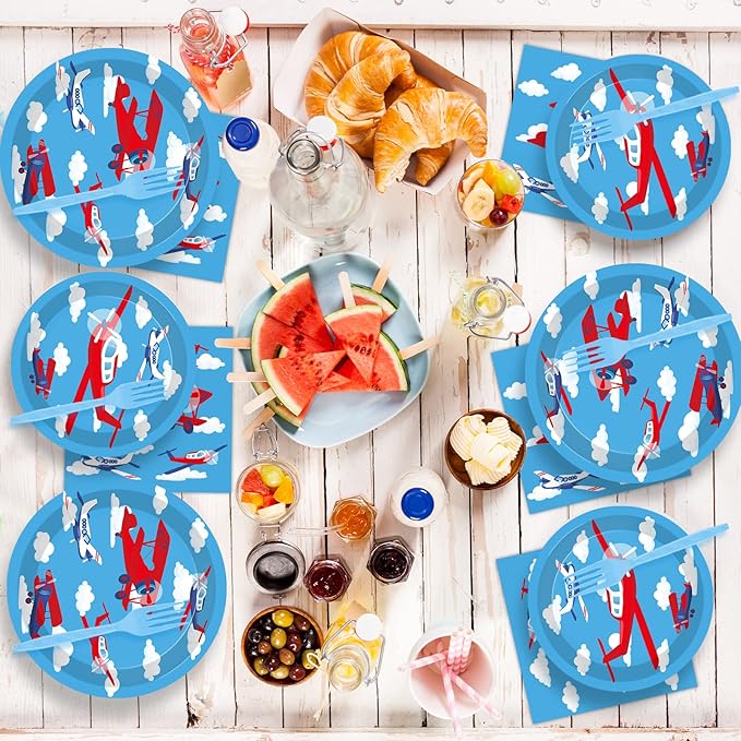 96 Pcs Airplane Party Plates Napkins Tableware Set Plane Birthday Party Supplies Disposable Paper Cake Dinnerware Blue Sky Two Fly Theme Table Decoration for Baby Shower Kids Birthday, 24 Guests