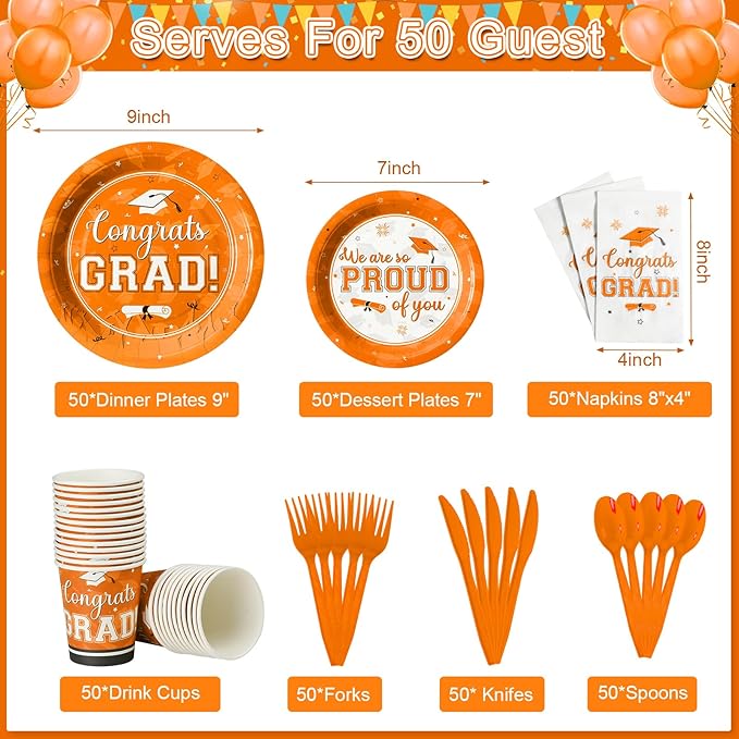 Graduation Party Supplies Congrats Grad Plates and Napkins Set Serve 50,Disposable Tableware Paper Plates Napkins Cups Knives Spoons Forks Straw for Class of 2026 Graduation Party Decorations (Orange)