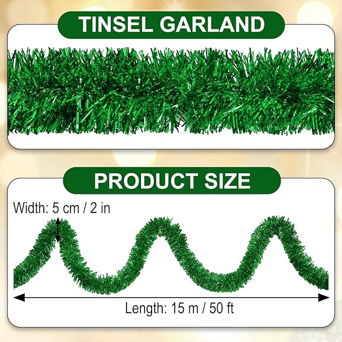 50 Feet Green Christmas Tinsel Garland, Metallic Foil Twist Garland Wall Hanging Tinsel Banner Backdrop for Parade Floats, Easter, Mother's Day, Wedding Party Decorations (2in x 50ft)