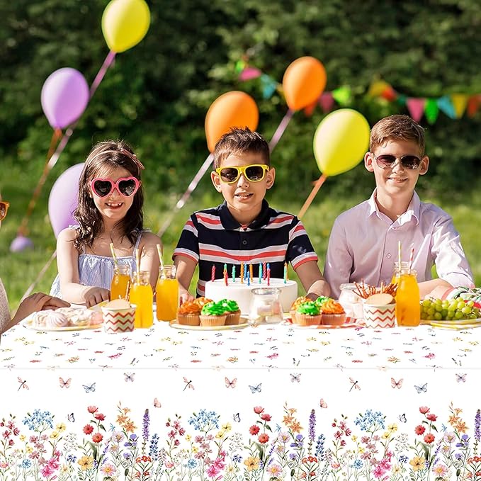 3 Pcs Wildflower Tablecloth Spring Summer Floral Table Cover for Butterfly Wildflowers Theme Picnic Dining Holiday Weeding Baby Shower Birthday Tea Party Table Supplies Decorations