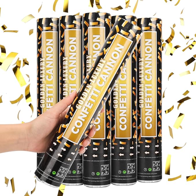 Confetti Cannon, 5 Packs Gold Confetti Poppers, 12 inch Party Poppers Confetti Shooters for Birthday, Wedding, Graduation, Anniversary, Parties, Christmas, New Year's Eve and Any Celebration
