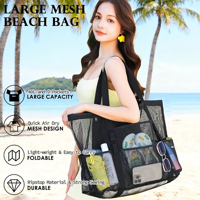 Fammart Mesh Beach Bag, Large Beach Tote with Zipper Pocket, Toys Pool Bag for Family Travel Vacation Cruise Essentials