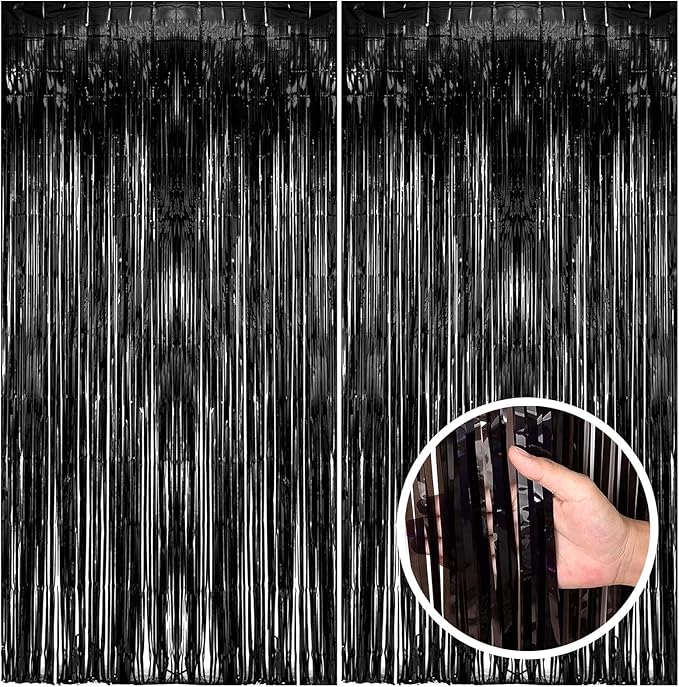 2 Pack Black Party Streamers Backdrop Tinsel Foil Fringe Curtains Halloween Party Decorations Birthday Wednesday Twilight Party Decorations Graduation Wizard Party Supplies