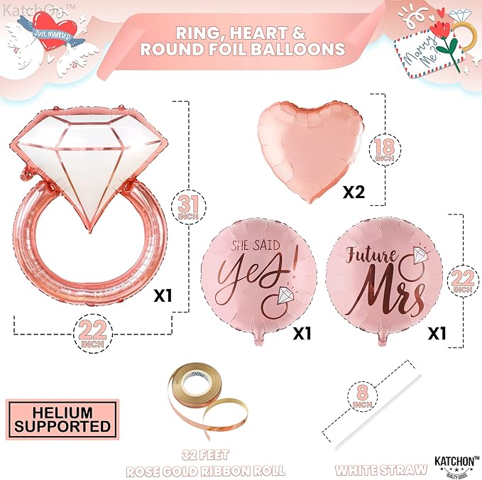 KatchOn, Diamond Ring Foil Balloon Set - Pack of 5 | Future Mrs Balloons | She Said Yes Decorations | Bridal Shower Balloons for Bachelorette Party Decorations, Rose Gold Bridal Shower Decorations