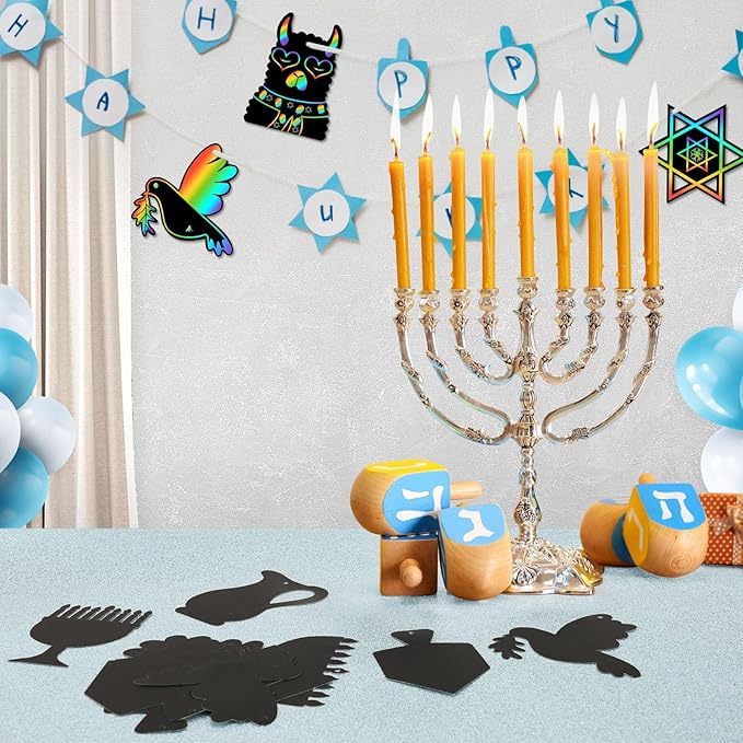 JULMELON Hanukkah Scratch Art, 36 PCS Hanukkah Craft Kits for Kids Rainbow Magic Scratch Art Chanukah Hanging Ornaments Scratch Paper for Hanukkah Decorations Kids Party Games Toys Gifts