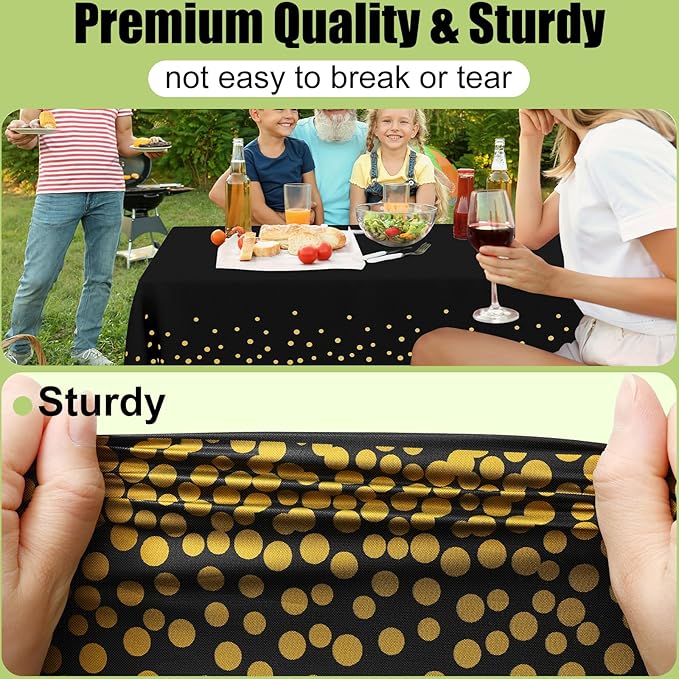 Smiry Disposable Table Cloth - 15 Pack, 54 x 108 Inch Waterproof Rectangle Tablecloths for Parties, Decorative Plastic Table Cover, Leakproof & Sturdy, Black & Gold