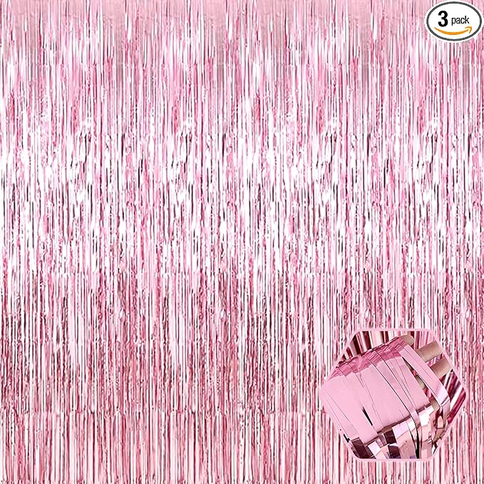3 Pack Pink Foil Fringe Curtain Backdrop, 3.28Ft x 6.6Ft Metallic Tinsel Foil Fringe Streamer Curtains for Photo Booth, Christmas Day, Thanksgiving, Wedding, New Year Party Decorations