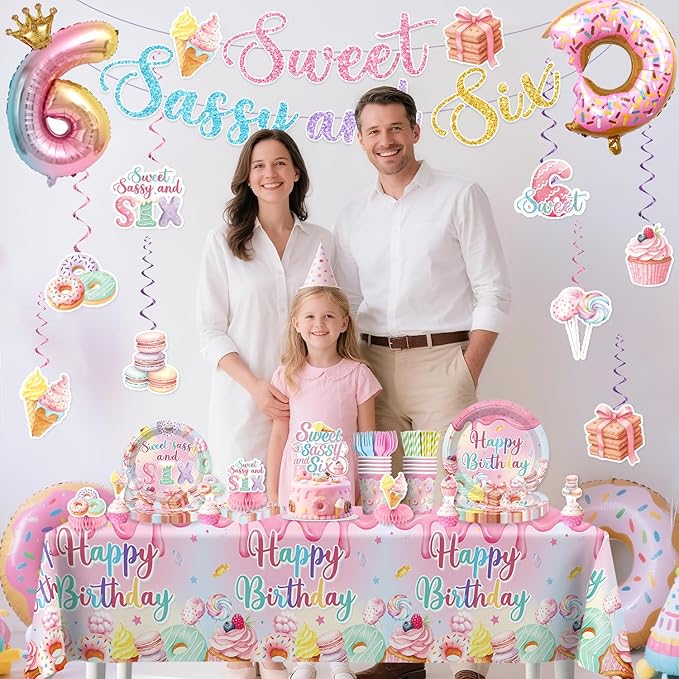 330pcs Sweet Sassy and Six Birthday Decorations with Tableware Set, Banner, Hanging, Tablecloth, Cake Topper, Centerpieces, Balloon, for 6 Year Old Girl Birthday Decorations, Serves 50