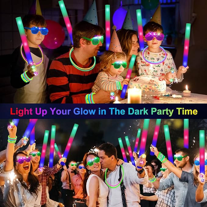 150 PCS Glow in the Dark Party Supplies, 16 Foam Sticks, 16 LED Glasses, 100 Glow Sticks and 18 Finger Lights for Neon Party, Wedding, Birthday, Concert, New Year, Carnivals, Raves