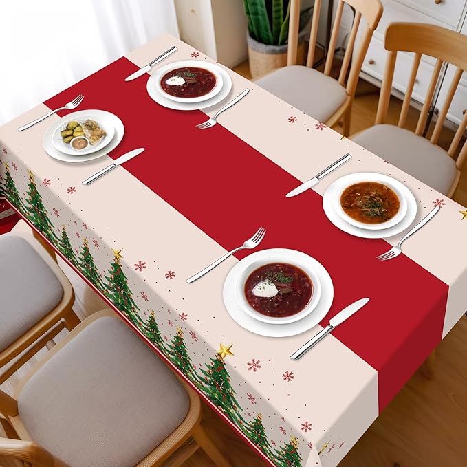 Childom 2 Pack Christmas Tablecloths,Christmas Party Decoration,54 x 108 Inch,Disposable Plastic Table Cloths Rectangular for Party Supplies,Xmas Tree Table Cover for Home,Dinner,Indoor,Outdoor,Picnic