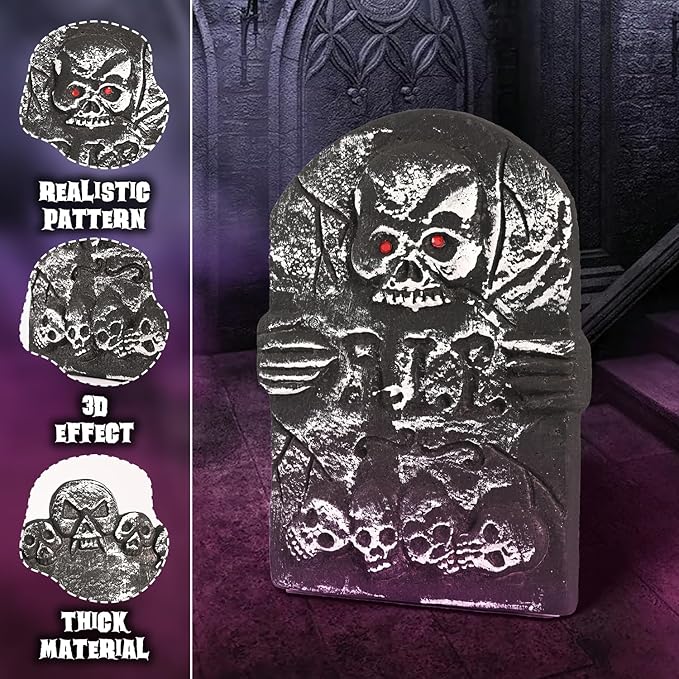3 Pcs Halloween Tombstones Decoration with Green Remote Lights, Blue Lights, Plastic RIP Grave Yard Signs Outdoor Garden Party Decor