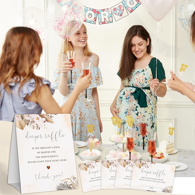Boho Floral Diaper Raffle Game, Diaper Raffle Tickets for Baby Shower, Pink Boho Gender Neutral Tickets for Baby Shower Party Favor Decorations Supplies (1 Sign + 50 Cards)