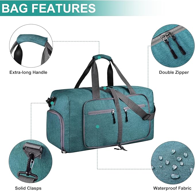 Dimayar 40L Travel Duffle Bag for Men Women - Foldable Duffel Bag with Shoes Compartment - Overnight Bags Waterproof & Tear Resistant(Green)