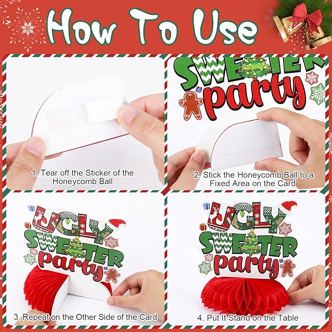 JULMELON 8PCS Ugly Sweater Party Decorations Honeycomb Centerpieces, Ugly Sweater Christmas Party Centerpieces for Tables Ugly Sweater Table Decor 3D Table Toppers for Christmas Winter Party Supplies