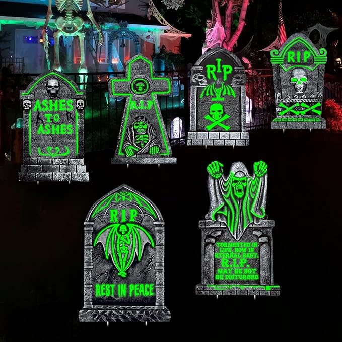 6 Pack Glowing in The Dark Halloween Tombstones Decoration for Graves, 16.5"x10" Large Outdoor Graveyard Decor Waterproof Plastic Grave Markers with 12 Stakes for Yard, Lawn Cemetery Displays