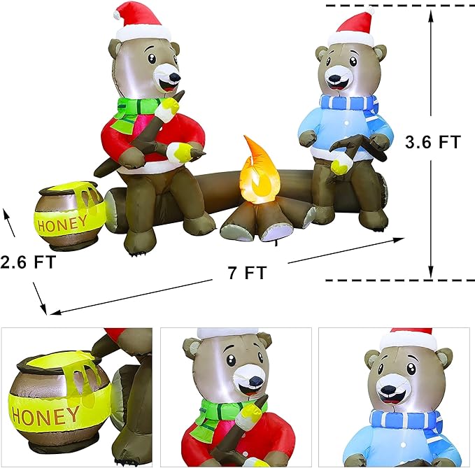 Joliyoou 7FT Christmas Inflatable Decorations, Light Up Sitting Bears Roasting Marshmallows Over Campfire, Xmas Lighted Blowups for Winter Yard Lawn Garden Indoor Outdoor Decor