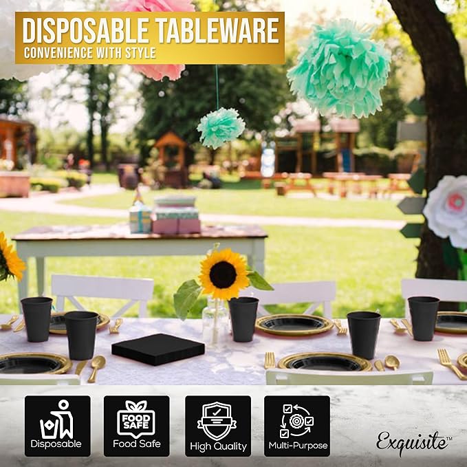 350 Pcs Black & Gold Plastic Plates For Party, Black & Gold Disposable Plates Set, 50 Of Each 9" Dinner Plate Set, 7" Dessert Plate, Cups, Napkins & Cutlery Plastic Dinnerware Exquisite
