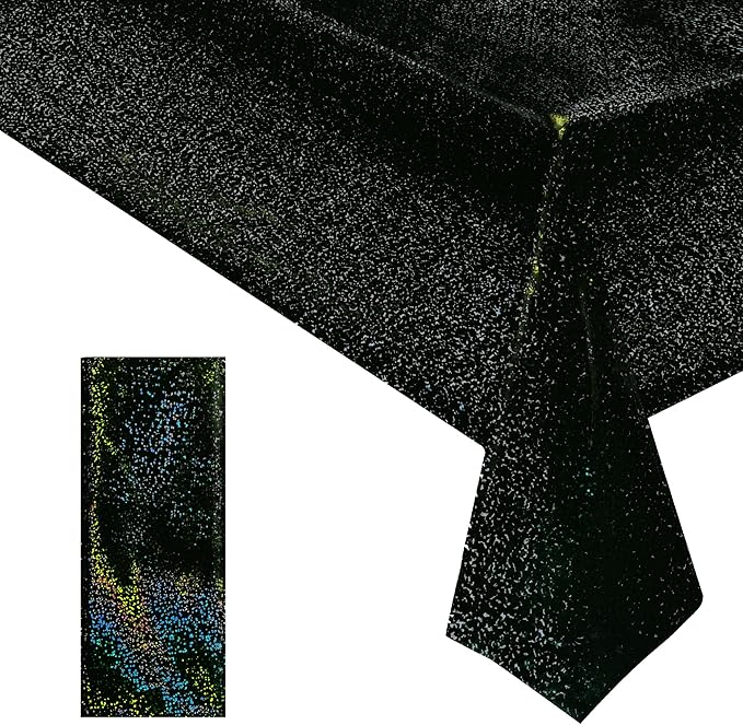 1 Pcs Black Holographic Laser Tablecloth Galaxy Space Table Cloth 40 * 108 Inch Shimmer Star TableCover for Halloween Birthday Graduation Neon Party Supplies Disposable Plastic Foil Table Decor