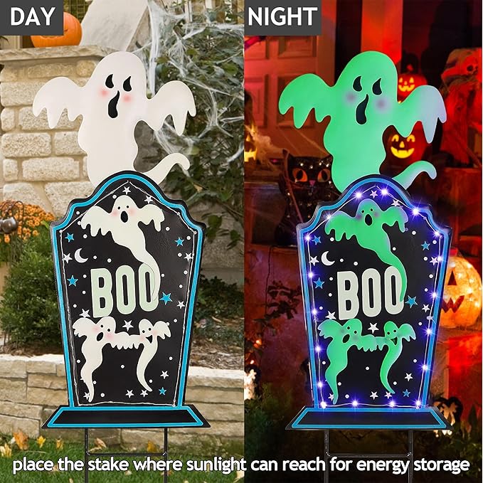 Joliyoou Halloween Yard Stake, 26.4" Solar Lighted Metal Tombstone with Glow in The Dark Ghosts, 18 LED Purple Lights Spooky Yard Sign for Outdoor Front Door Yard Lawn Garden Decors
