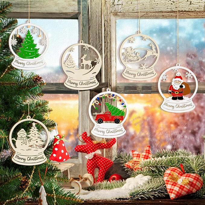 36PCS Wooden Hollow Christmas Ornaments for Paint Christmas Tree Decorations 6 Styles, DIY Blank Unfinished Wood Reindeer Santa Claus Snowman Snowflake Angle Cutouts for Crafts Winter Hanging Decora