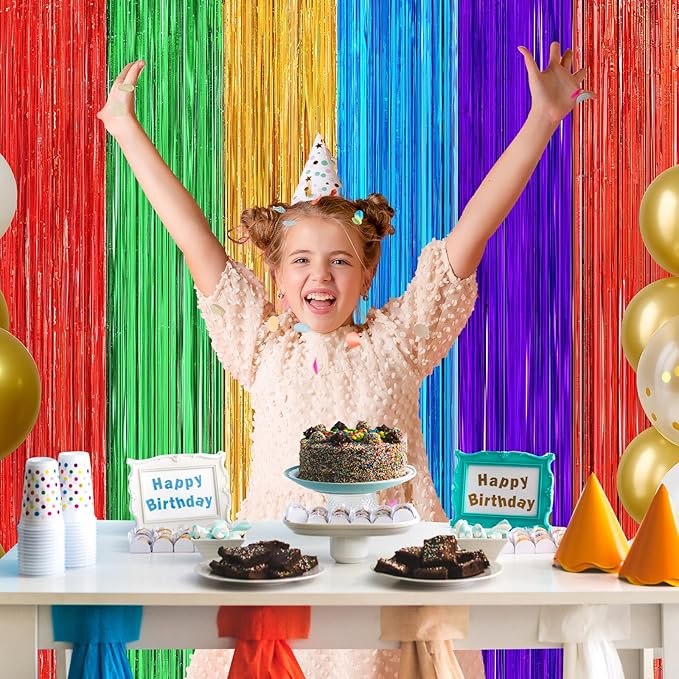 4 Pack Rainbow Foil Fringe Curtains, 3.3ft x 6.6ft Mexican Style Rainbow Streamer Curtain, Photo Booth Props Backdrop for Birthday Party, Christmas Decor, Mexican Cinco De Mayo Decorations